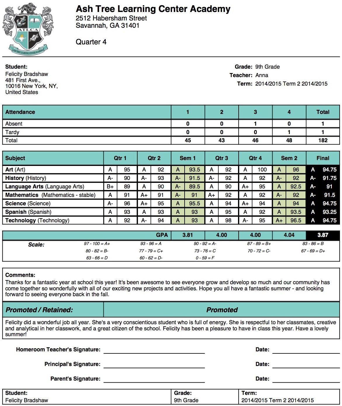 Ash Tree Learning Center Academy Report Card Template  School within Report Card Template Middle School