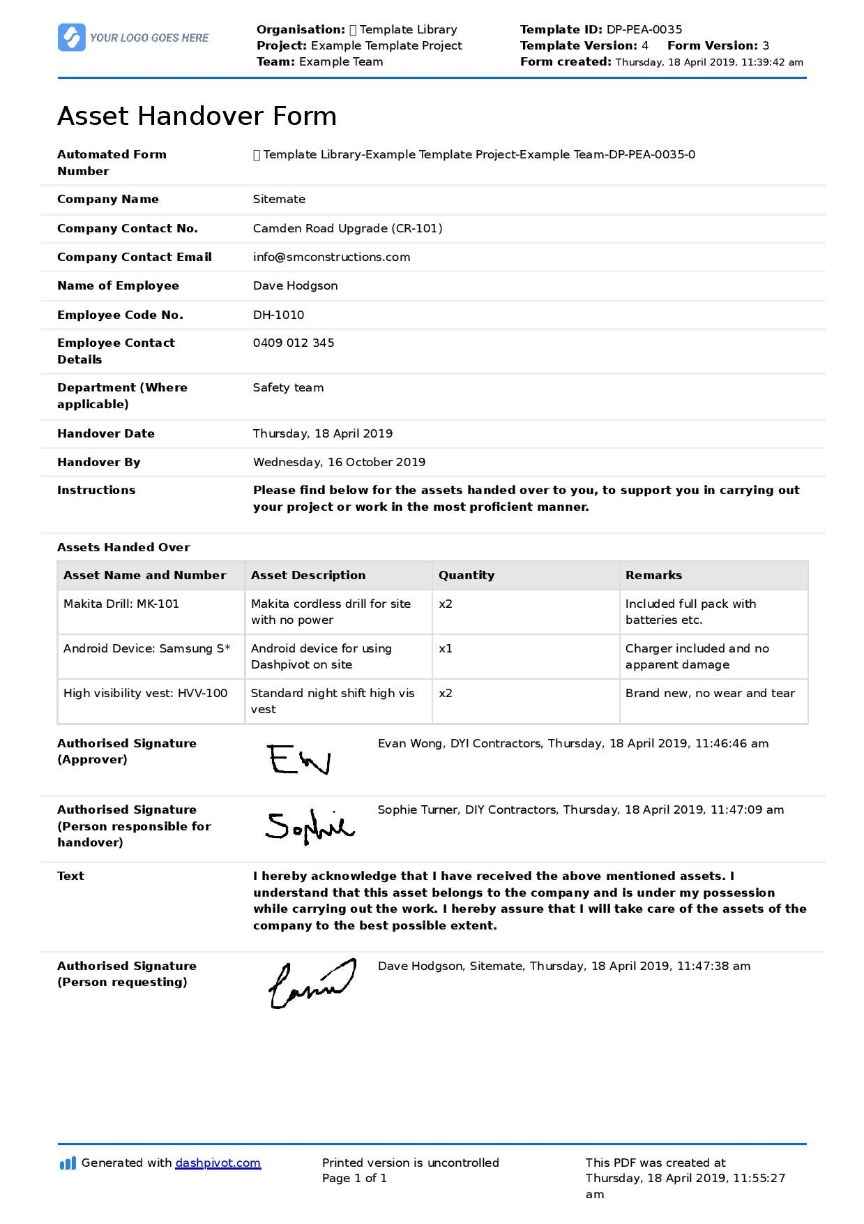 Asset Handover Form Template Easy For Employee And Company inside Handover Agreement Template