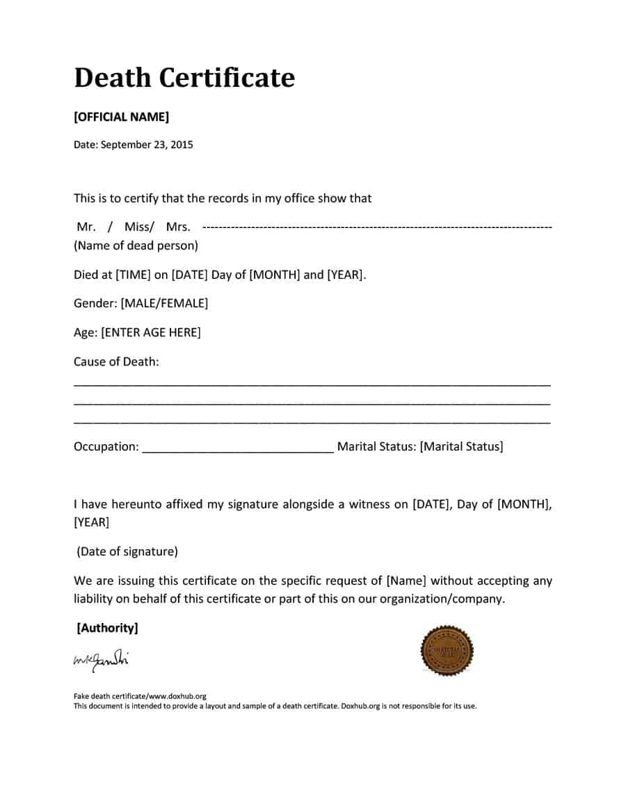 Blank Death Certificate Templates  Free ᐅ Template Lab pertaining to Fake Death Certificate Template