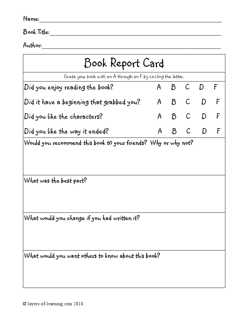 Book Report Cards  Homeschool  Book Report Templates Book Review in Character Report Card Template