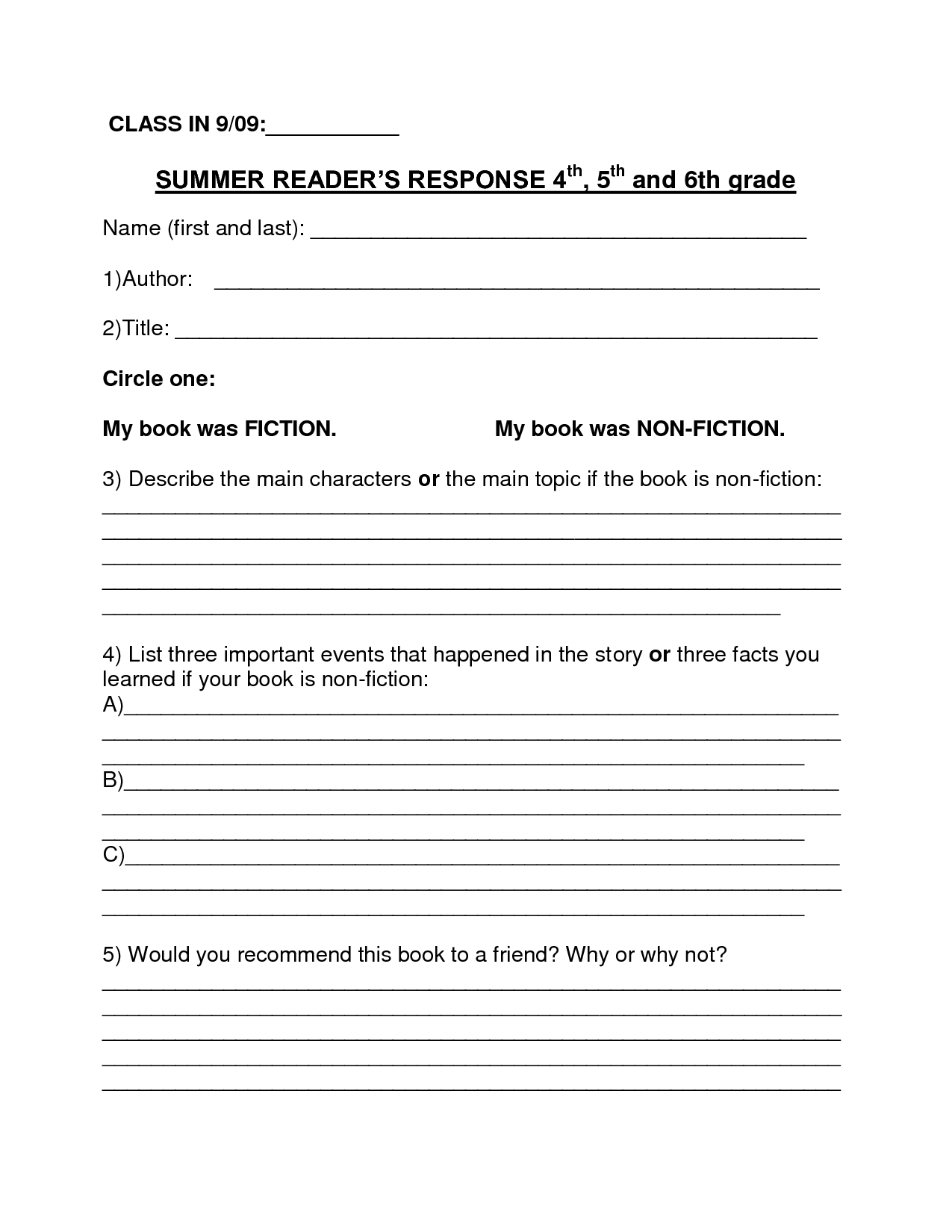 Book Report Template  Summer Book Report Th Th Grade  Download intended for Book Report Template 6Th Grade
