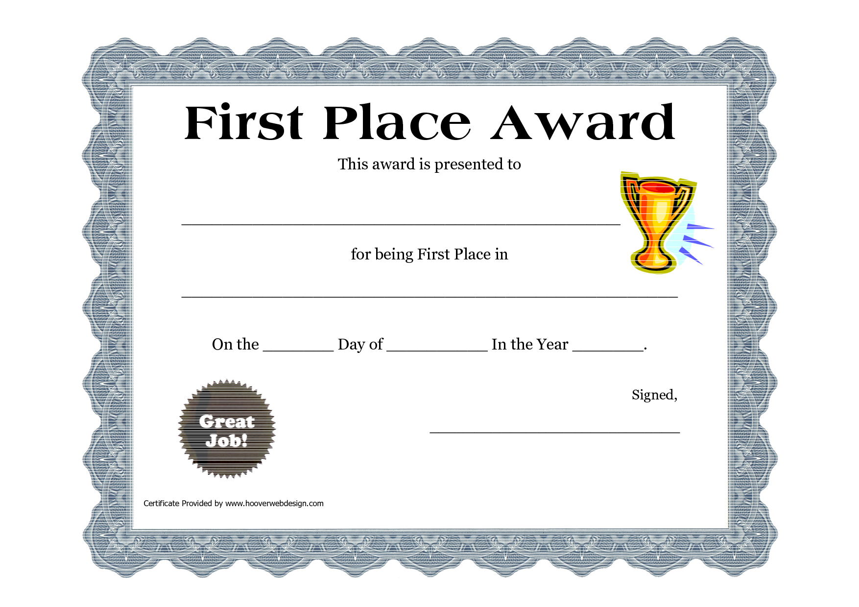 Customizable Printable Certificates  First Place Award Printable with First Place Certificate Template