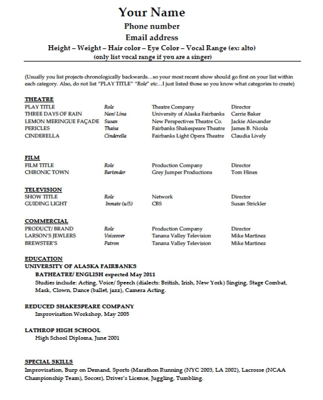 Download Acting Résumé Template  Pdf  Word Wikidownload with regard to Theatrical Resume Template Word