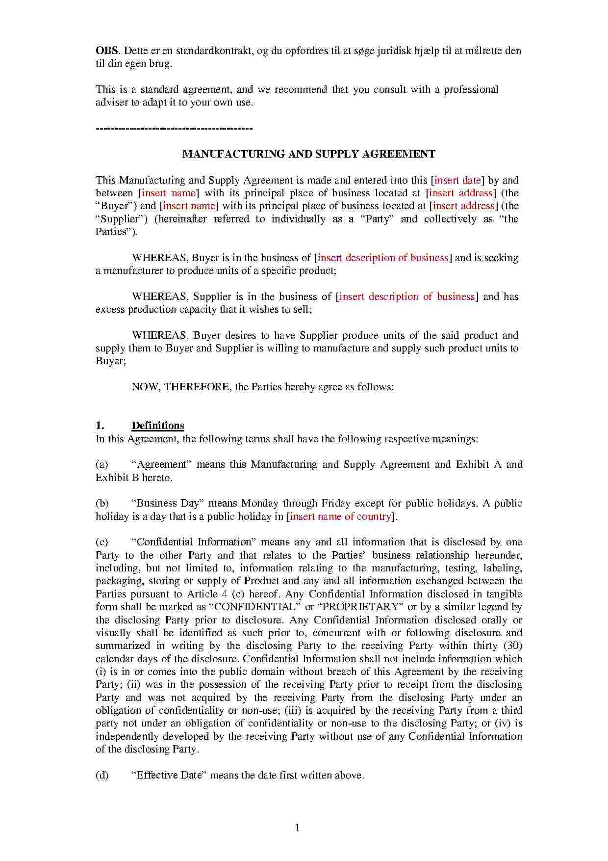 Download Manufacturing And Supply Agreement Style  Template For pertaining to Manufacturing Supply Agreement Templates