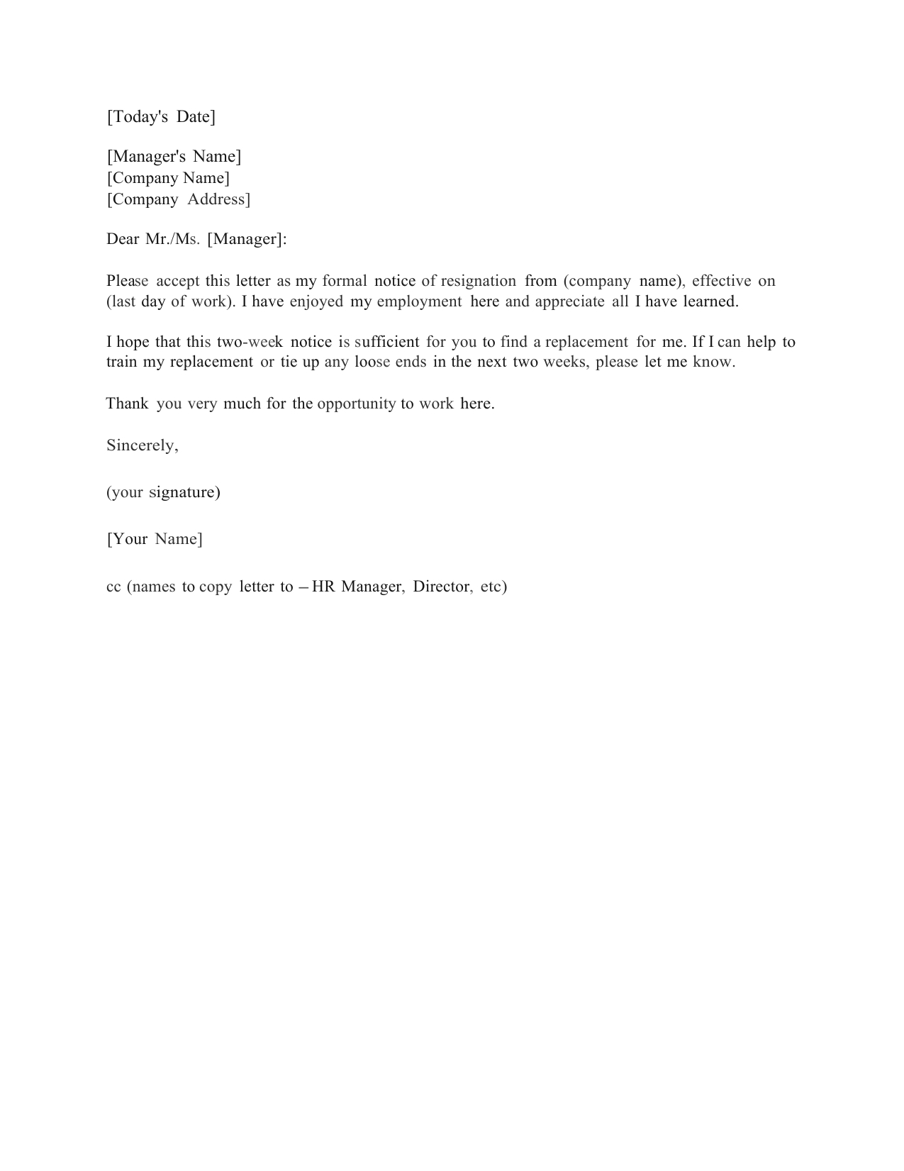 Download Standard Two  Weeks Notice Letter Template And Sample in 2 Weeks Notice Template Word