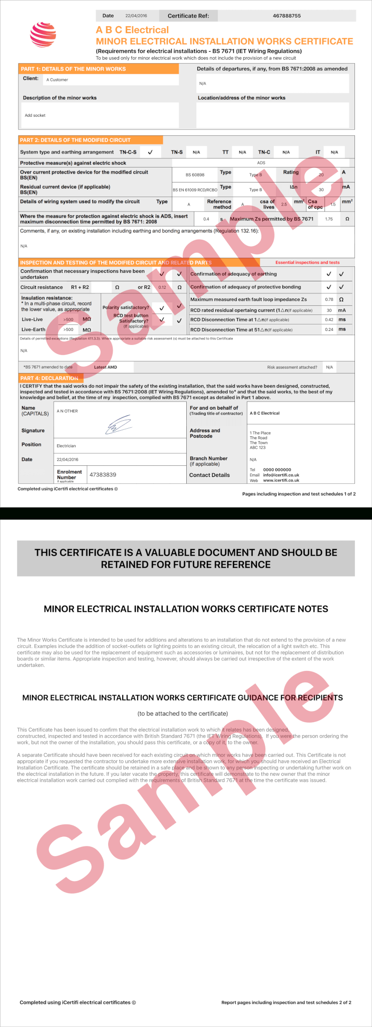 Electrical Certificate  Example Minor Works Certificate  Icertifi with Minor Electrical Installation Works Certificate Template