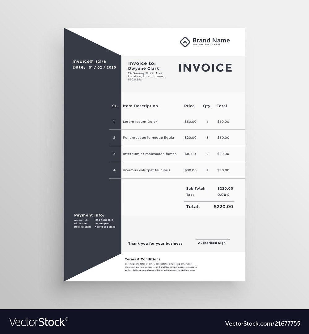 Elegant Black And White Invoice Template Vector Image throughout Black Invoice Template