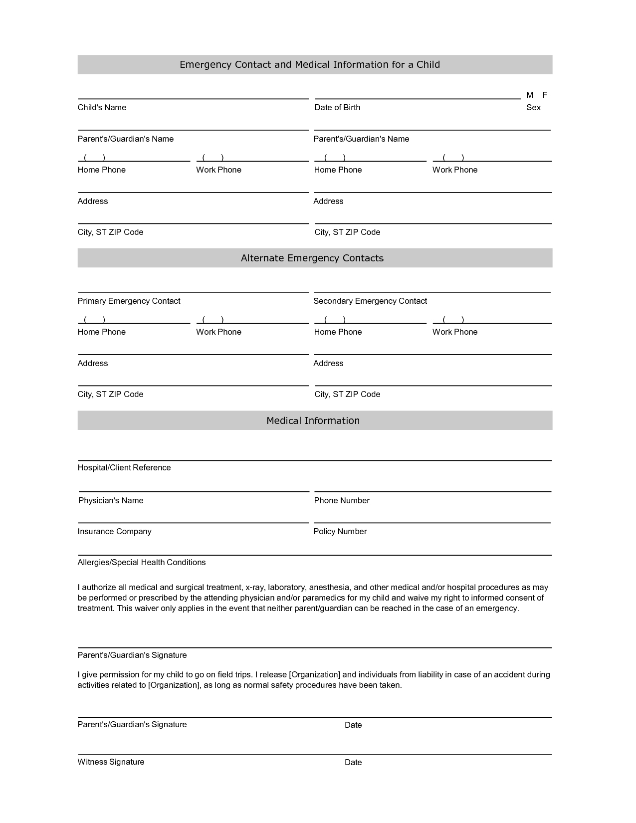 Emergency Contact Information Form Template  Printables  Daycare within Student Information Card Template