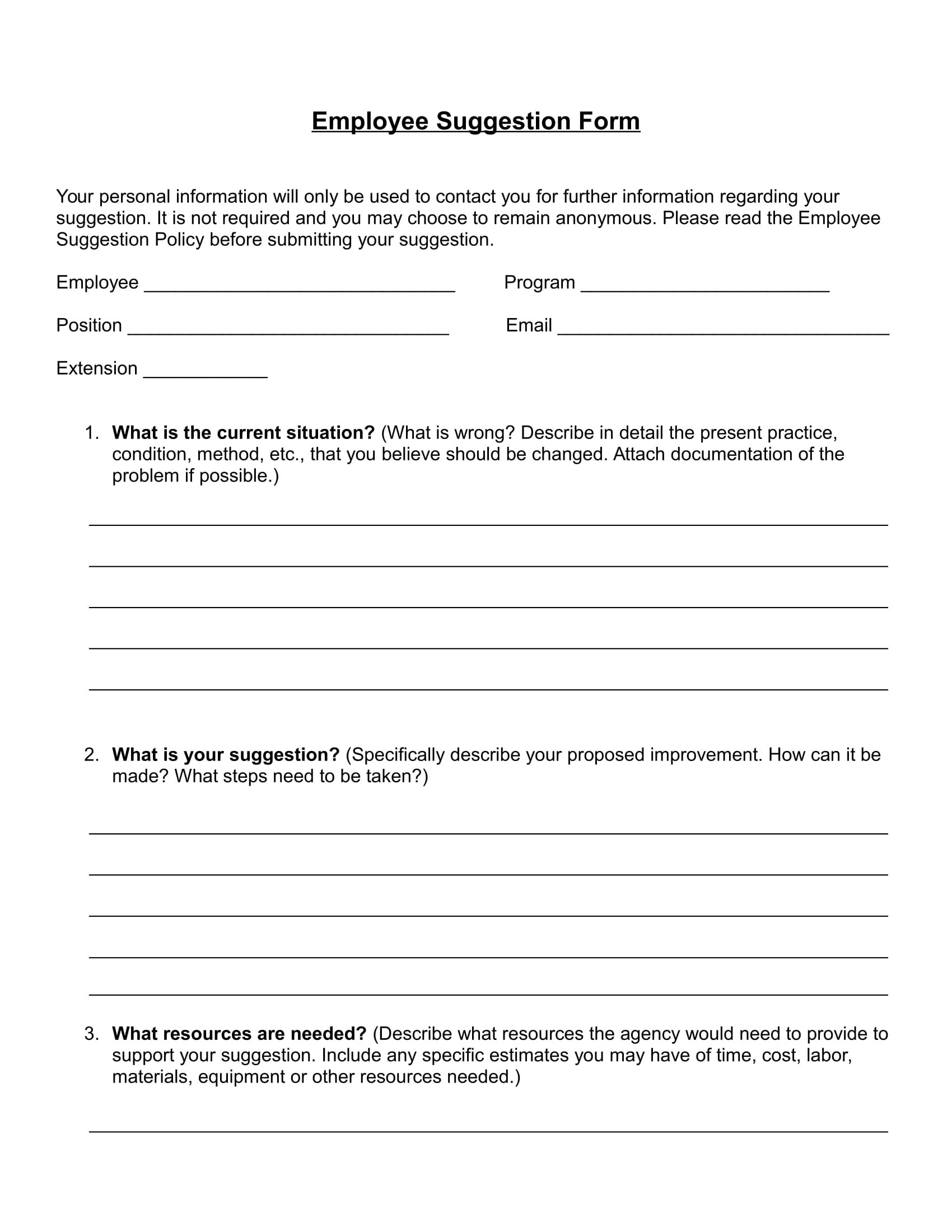 Employee Suggestion Forms  Free Word Excel Pdf Format in Word Employee Suggestion Form Template