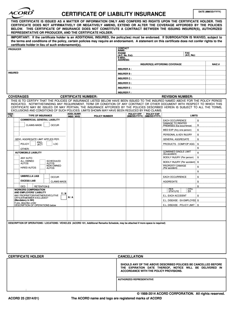 Form Acord  Fill Online Printable Fillable Blank regarding Certificate Of Liability Insurance Template
