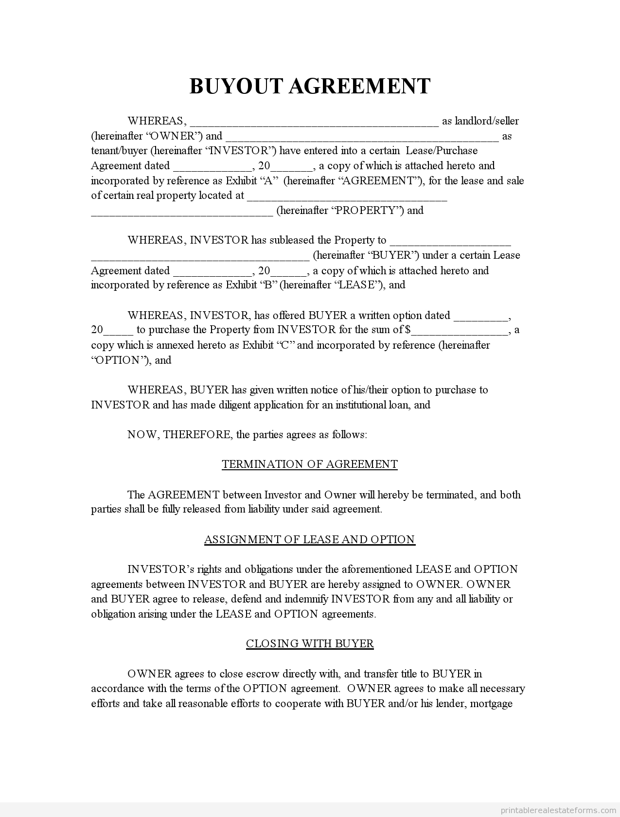 Free Buyout Agreement Template Real Estate Buyout Agreement Form with Buyout Agreement Template