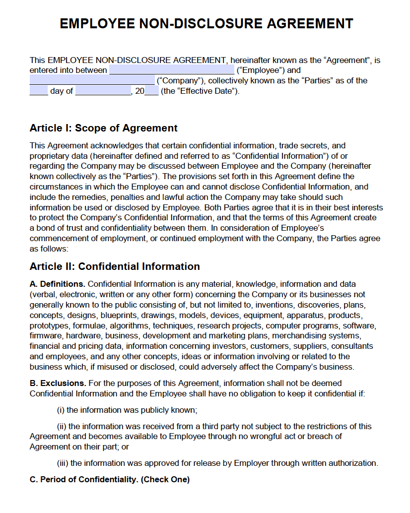 Free Employee Nondisclosure Agreement Nda  Pdf  Word Docx pertaining to Word Employee Confidentiality Agreement Templates