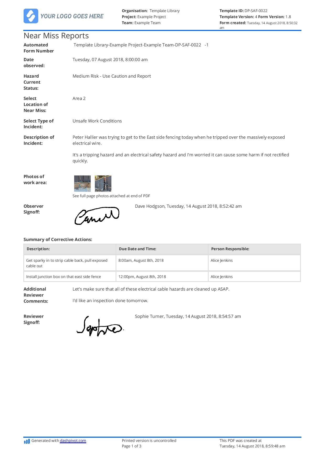 Free Near Miss Reporting Template Easily Customisable inside Near Miss Incident Report Template