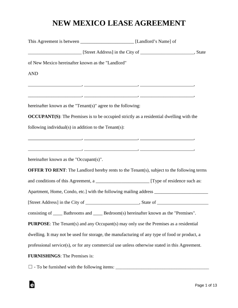 Free New Mexico Standard Residential Lease Agreement Form  Pdf for Bounce House Rental Agreement Template