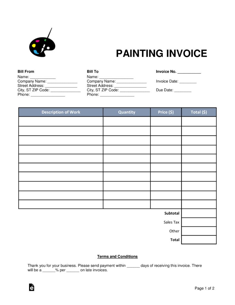 Free Painting Invoice Template  Word  Pdf  Eforms – Free Fillable intended for Painter Invoice Template