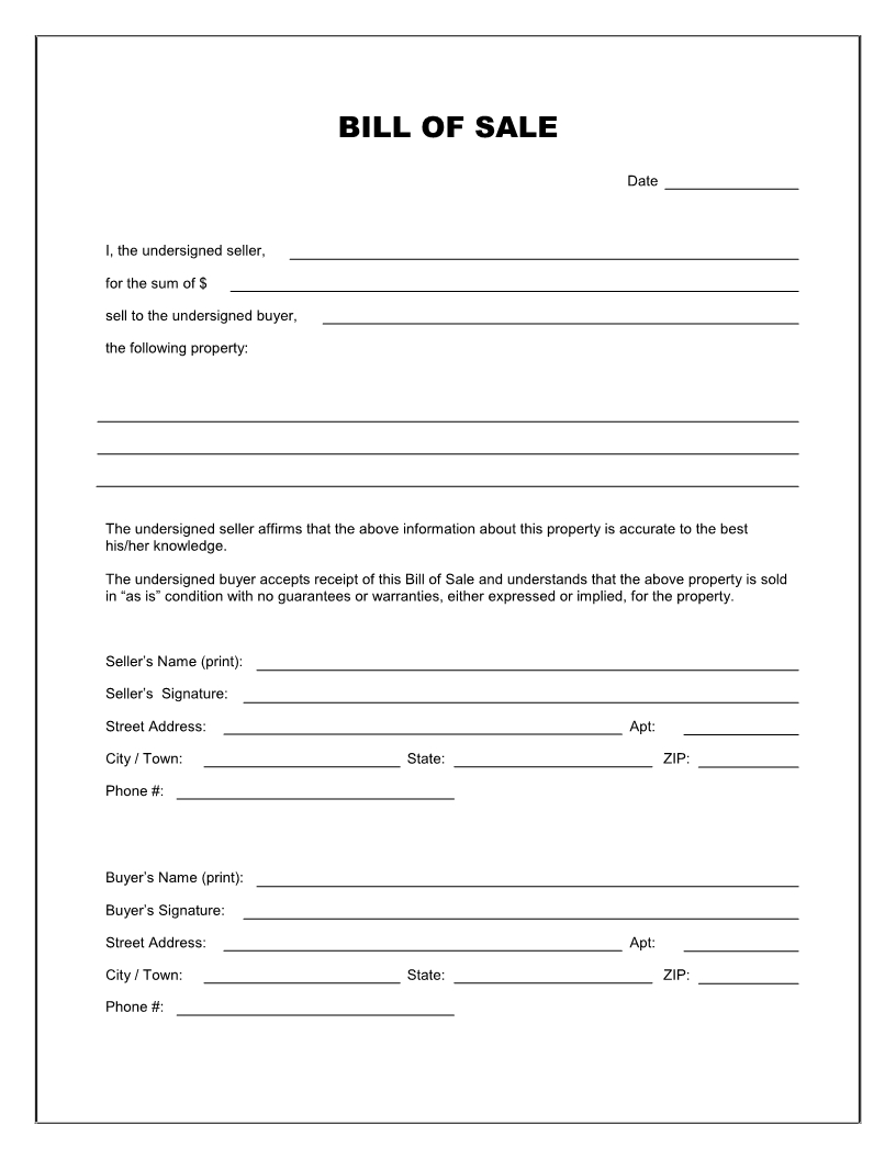 Free Printable Blank Bill Of Sale Form Template  As Is Bill Of Sale pertaining to Blank Legal Document Template