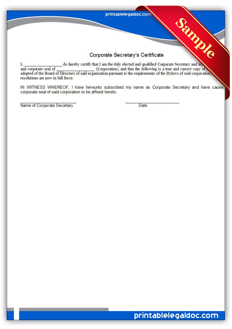 Free Printable Corporate Secretary's Certificate Form Generic pertaining to Corporate Secretary Certificate Template