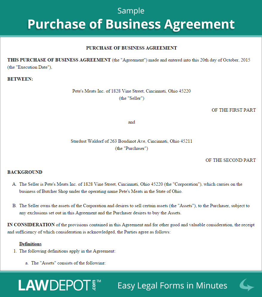 Free Purchase Of Business Agreement  Create Download And Print intended for Offer To Purchase Business Agreement Template