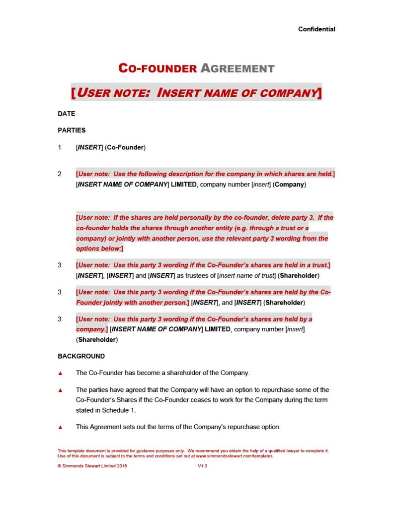 Startup Founders Agreement Template