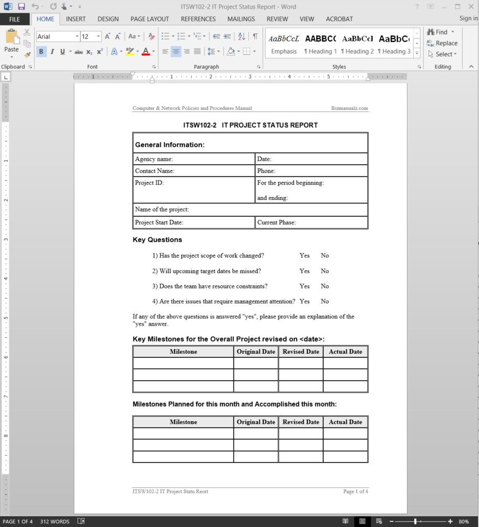 It Project Status Report Template with Development Status Report Template