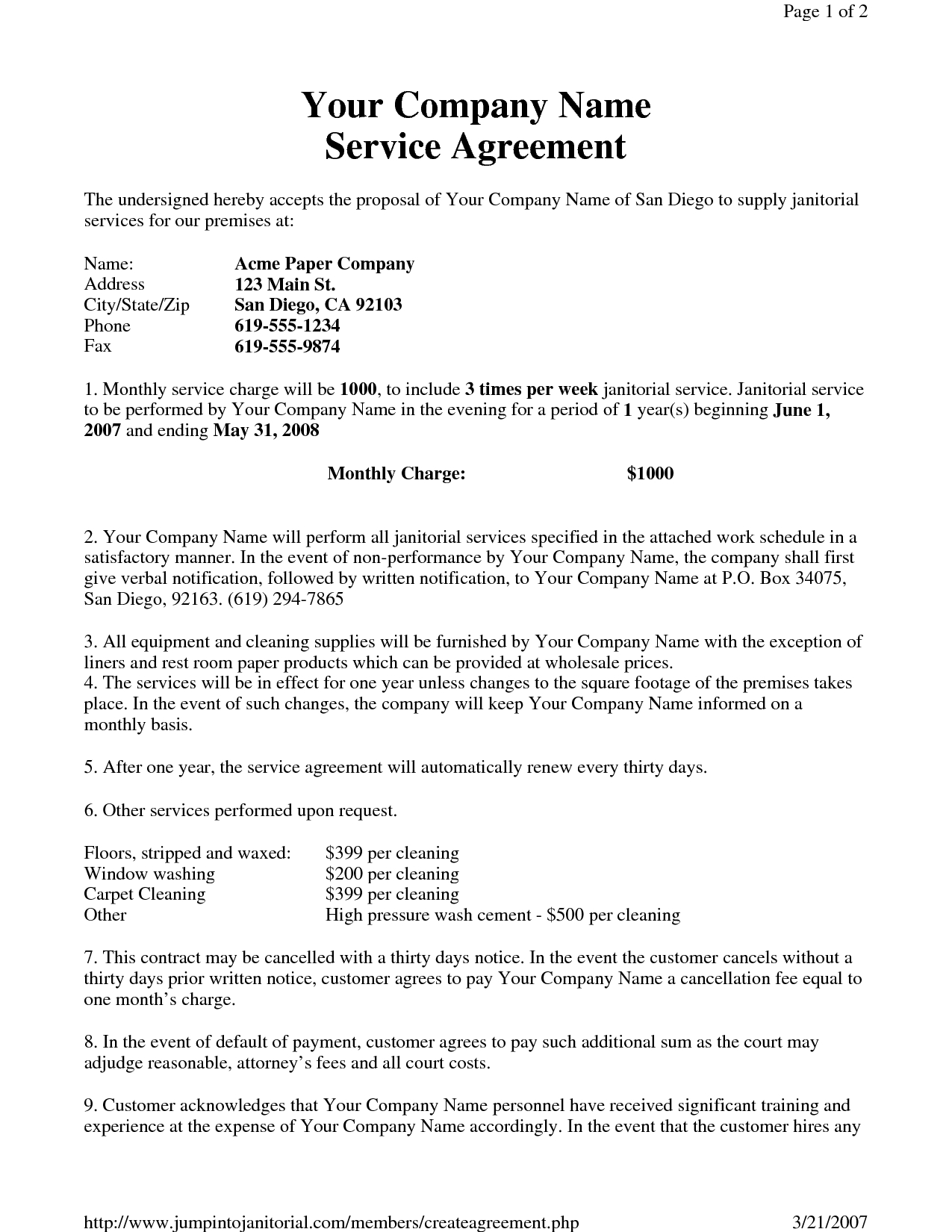 Janitorial Service Agreementhgh  Sample Janitorial with Commercial Cleaning Service Agreement Template