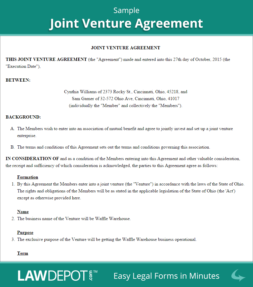 Joint Venture Agreement  Free Joint Venture Forms Us  Lawdepot with Joint Account Agreement Template
