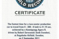 Koenigsegg Agera R Guiness World Record Certificate regarding Guinness World Record Certificate Template