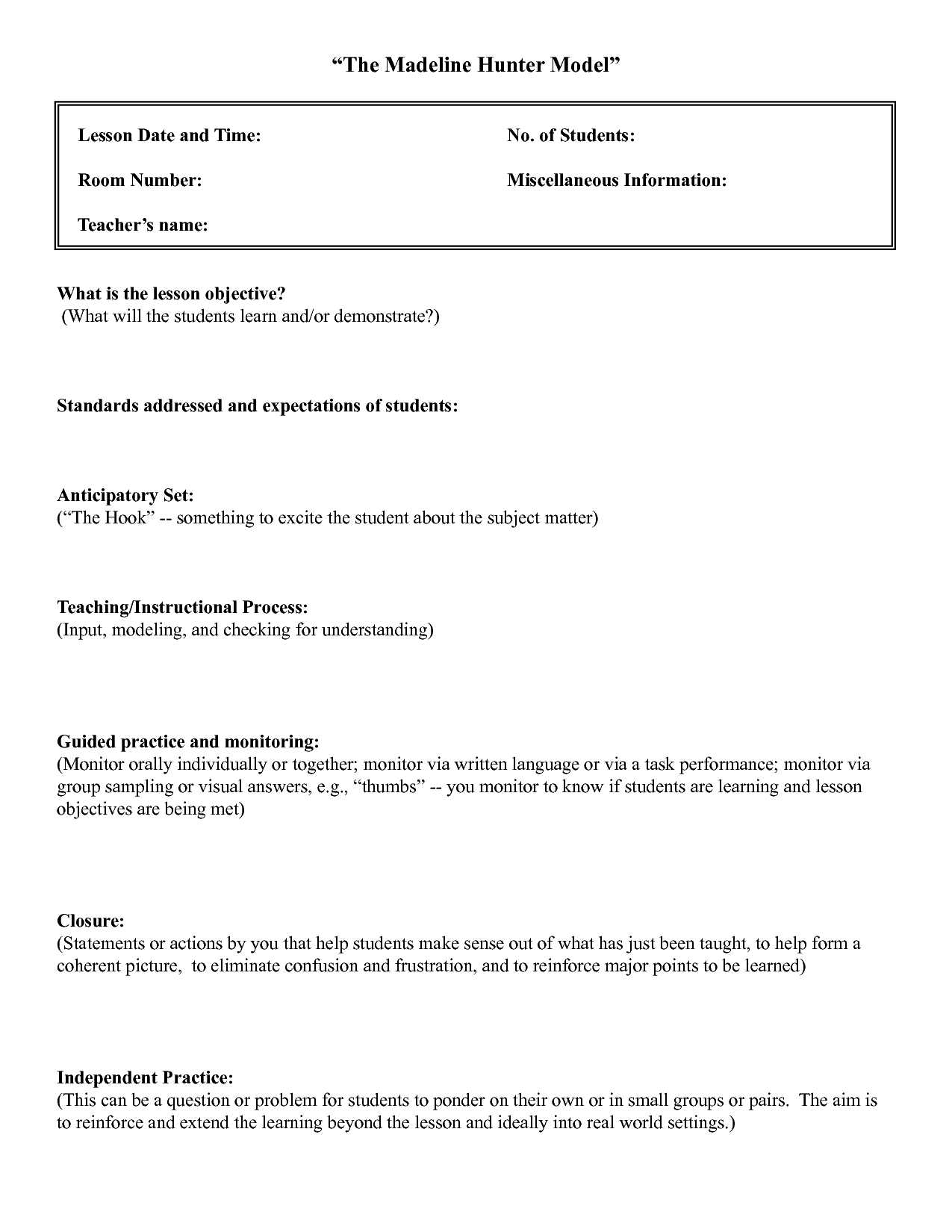 Madeline Hunter Lesson Plan Template Twiroo Com  Lesson Plan in Madeline Hunter Lesson Plan Blank Template