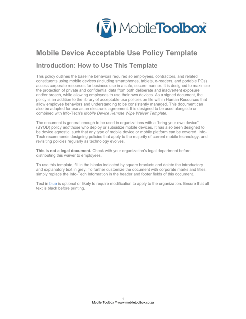 Mobile Device Acceptable Use Policy Template in Mobile Device Acceptable Use Policy Template