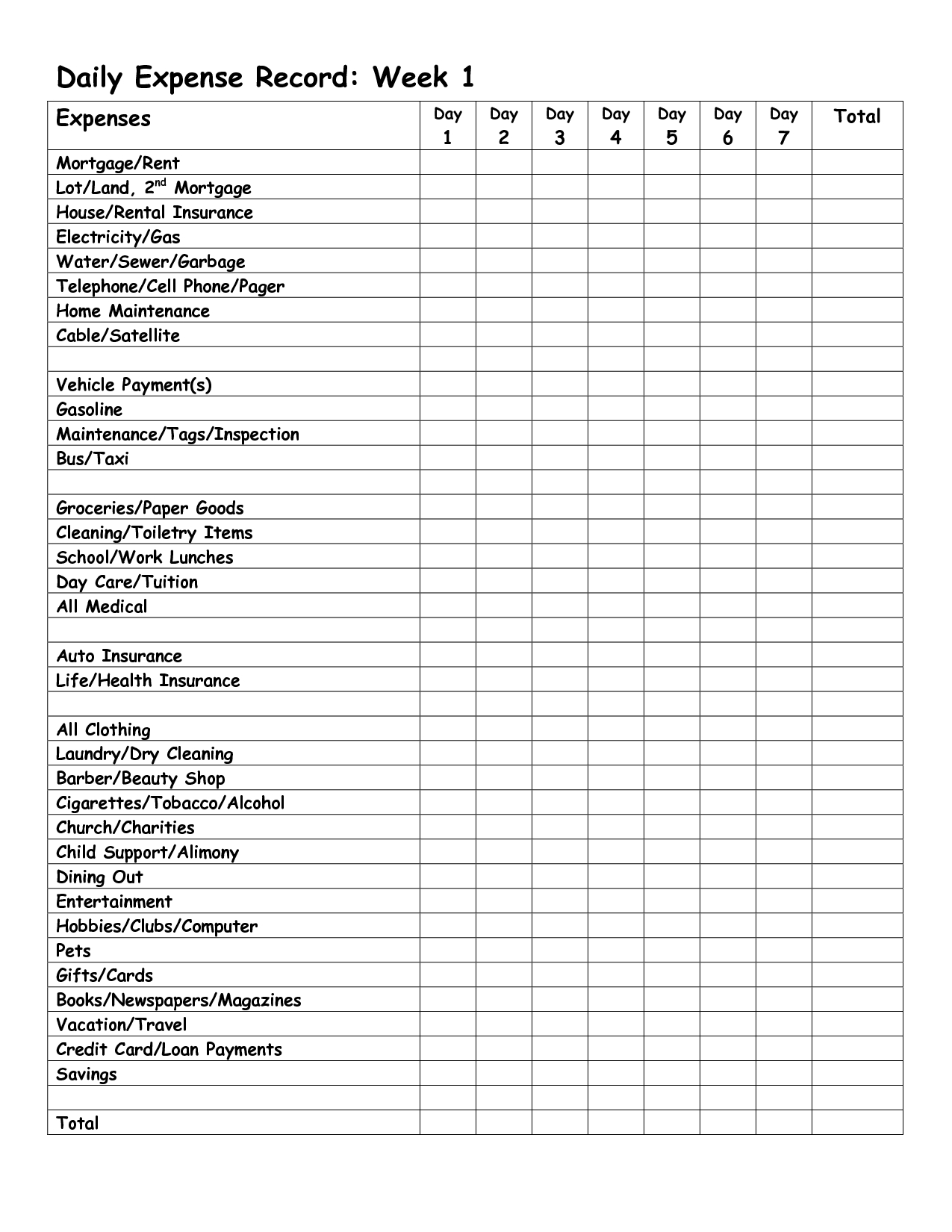 Monthly Expense Report Template  Daily Expense Record Week regarding Daily Expense Report Template