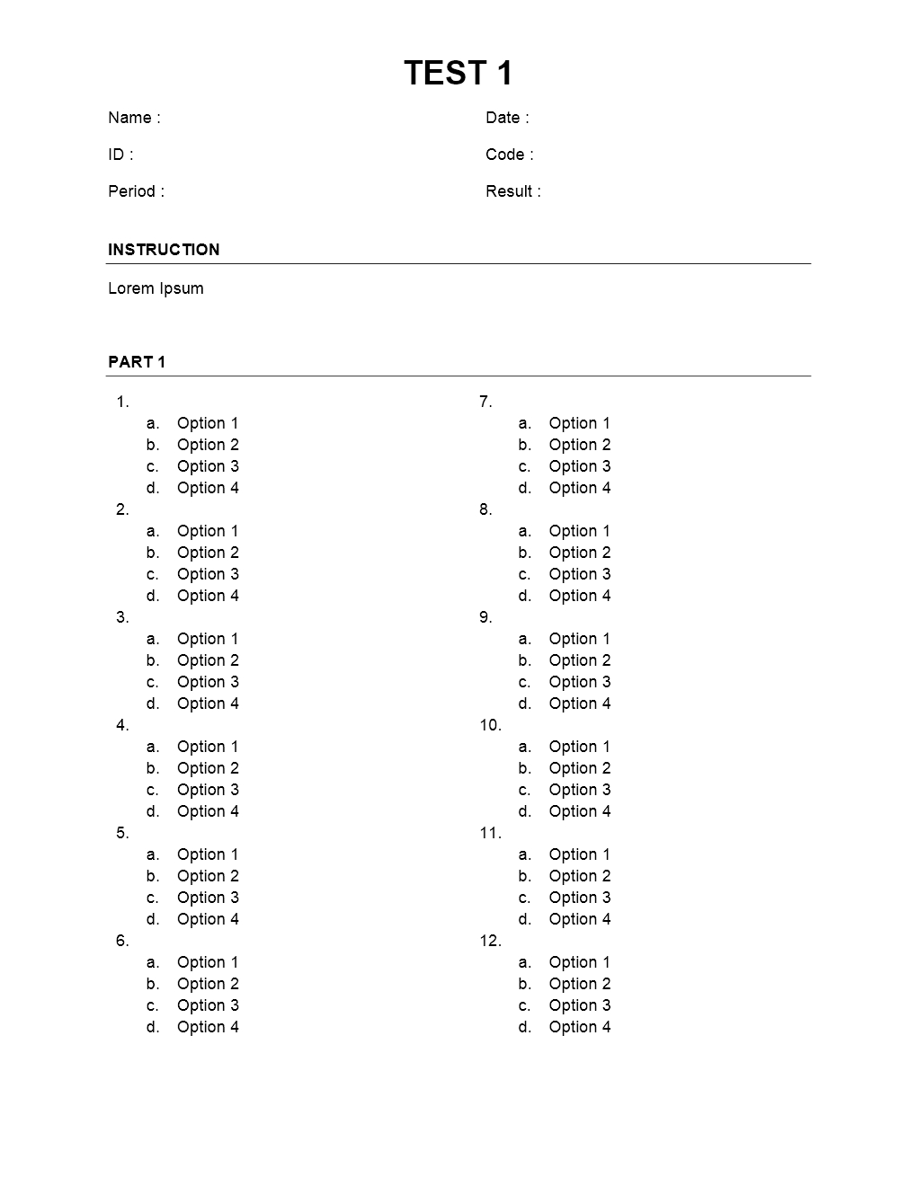 Multiple Choice Sheet with regard to Test Template For Word