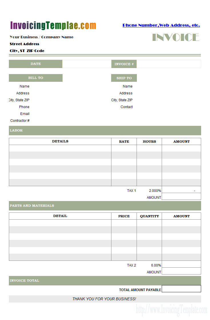 Parts And Labor Invoicing Format throughout Parts And Labor Invoice Template Free