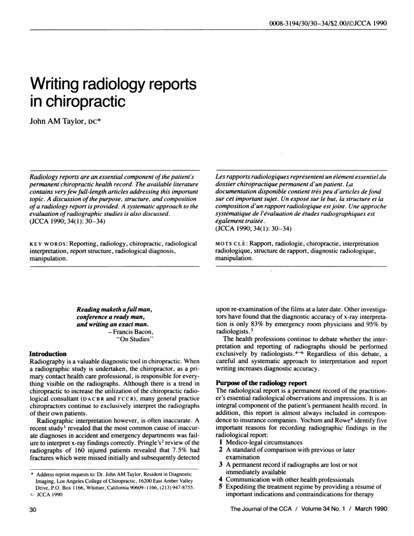 Pdf Writing Radiology Reports In Chiropractic intended for Chiropractic X Ray Report Template