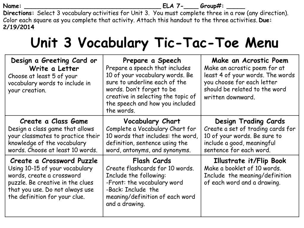 Ppt  Unit  Vocabulary Tictactoe Menu Powerpoint Presentation throughout Tic Tac Toe Menu Template