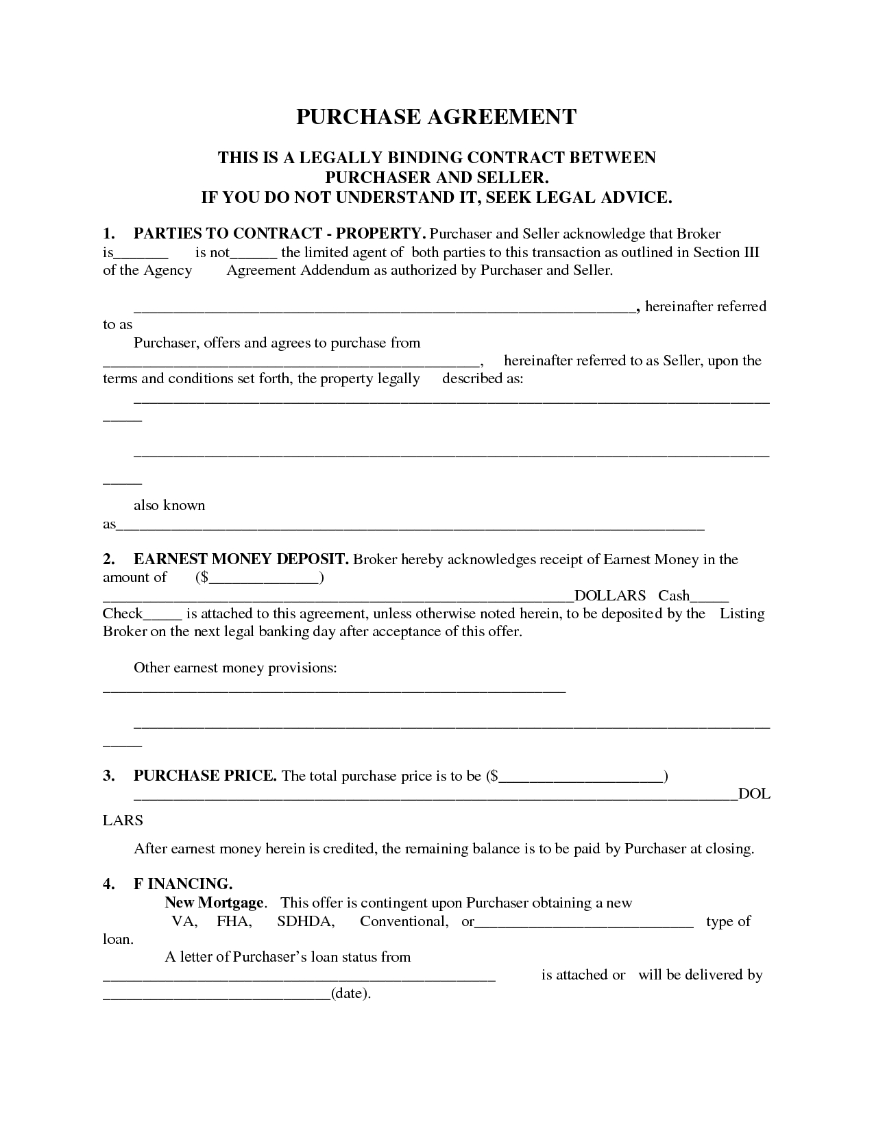 Printable Home Purchase Agreement  Free Printable Purchase with Home Purchase Agreement Template