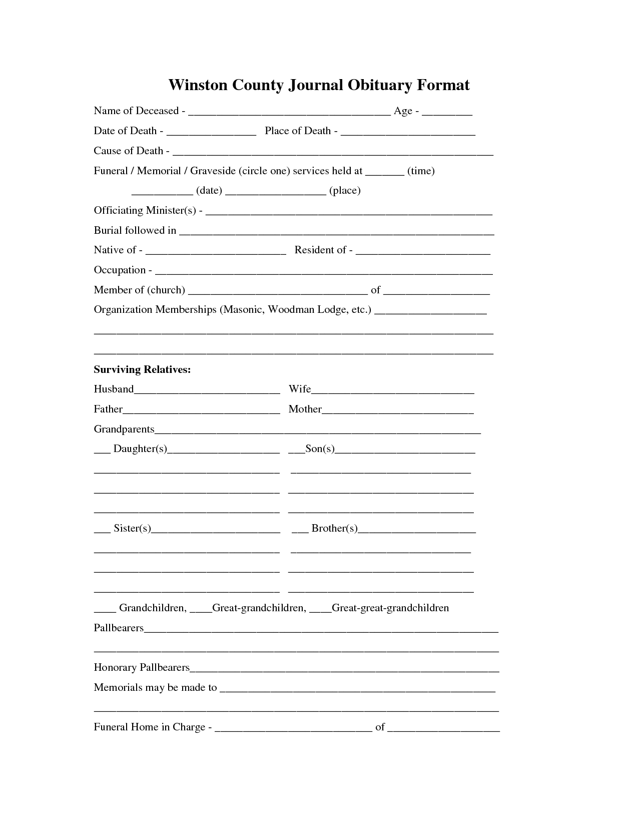 Printable Obituary Template  Fill In The Blank Obituary Template for Fill In The Blank Obituary Template
