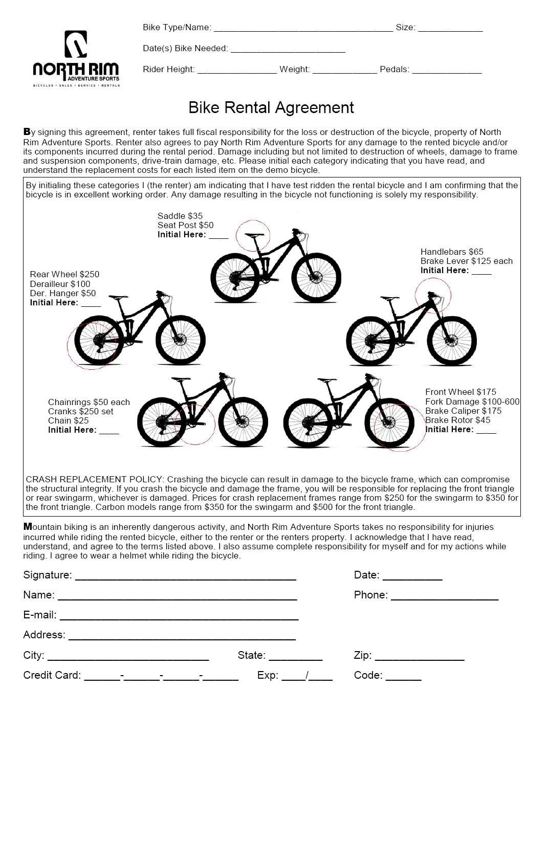 Rental Information  North Rim Adventure Sports Chico Ca with regard to Bicycle Rental Agreement Template