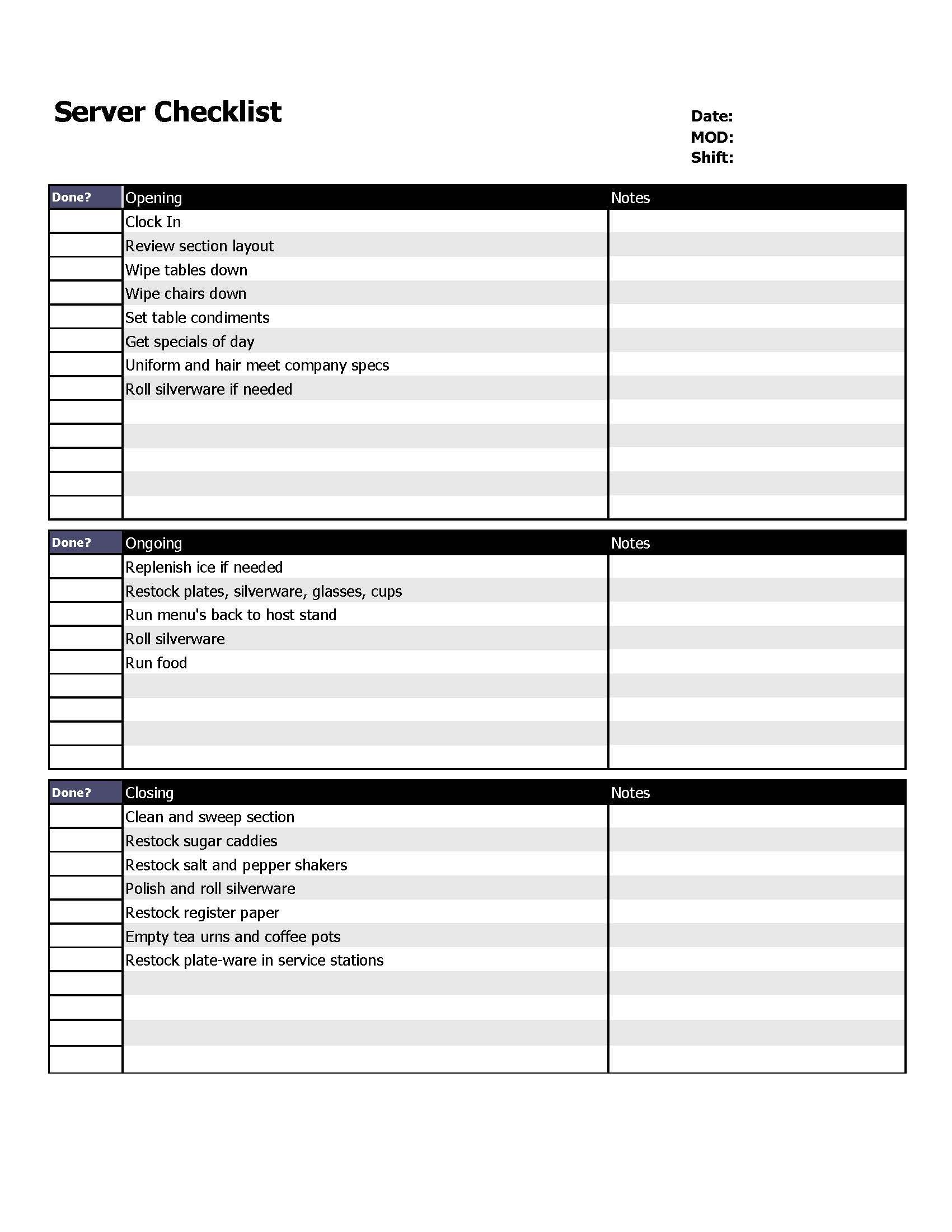 Restaurant Server Checklist Form  Organizing  Restaurant Cleaning within Menu Checklist Template