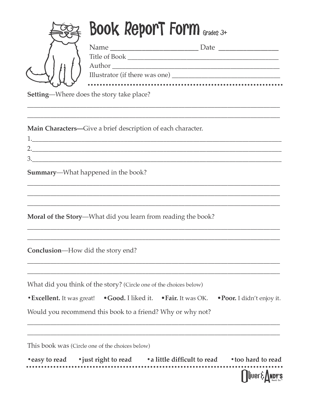 Second Grade Book Report Template  Book Report Form Grades for Story Report Template