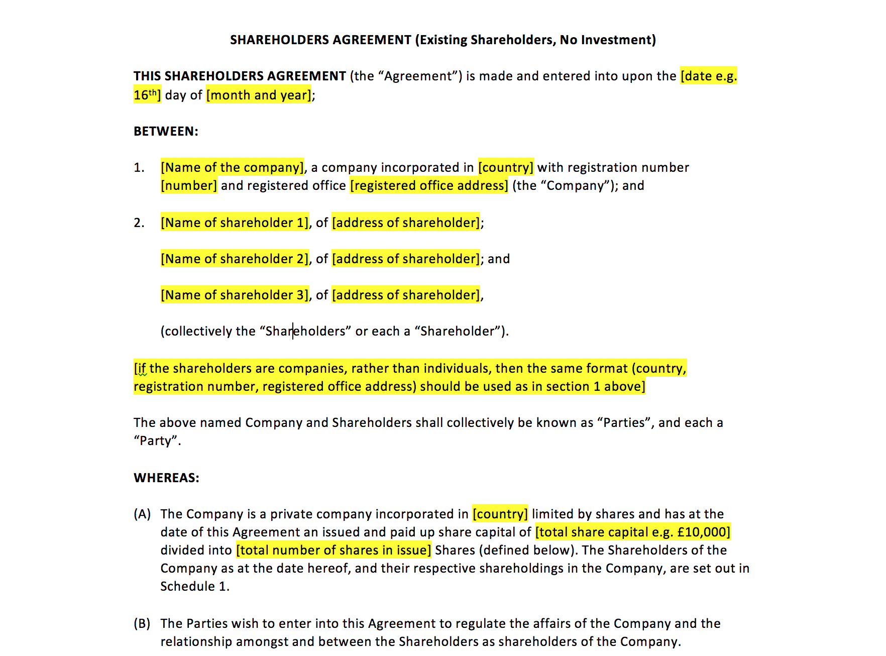 Shareholders Agreement Template – Uk Template Agreements And Sample regarding Shareholders Agreement Template For Small Business