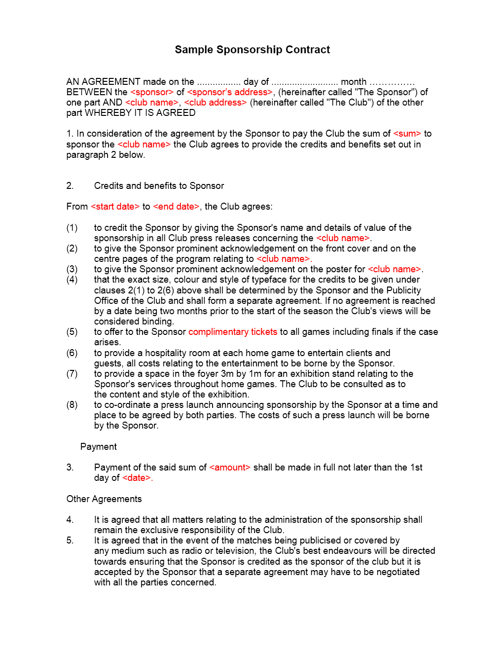 Sponsorship Contract Template pertaining to Corporate Sponsorship Agreement Template