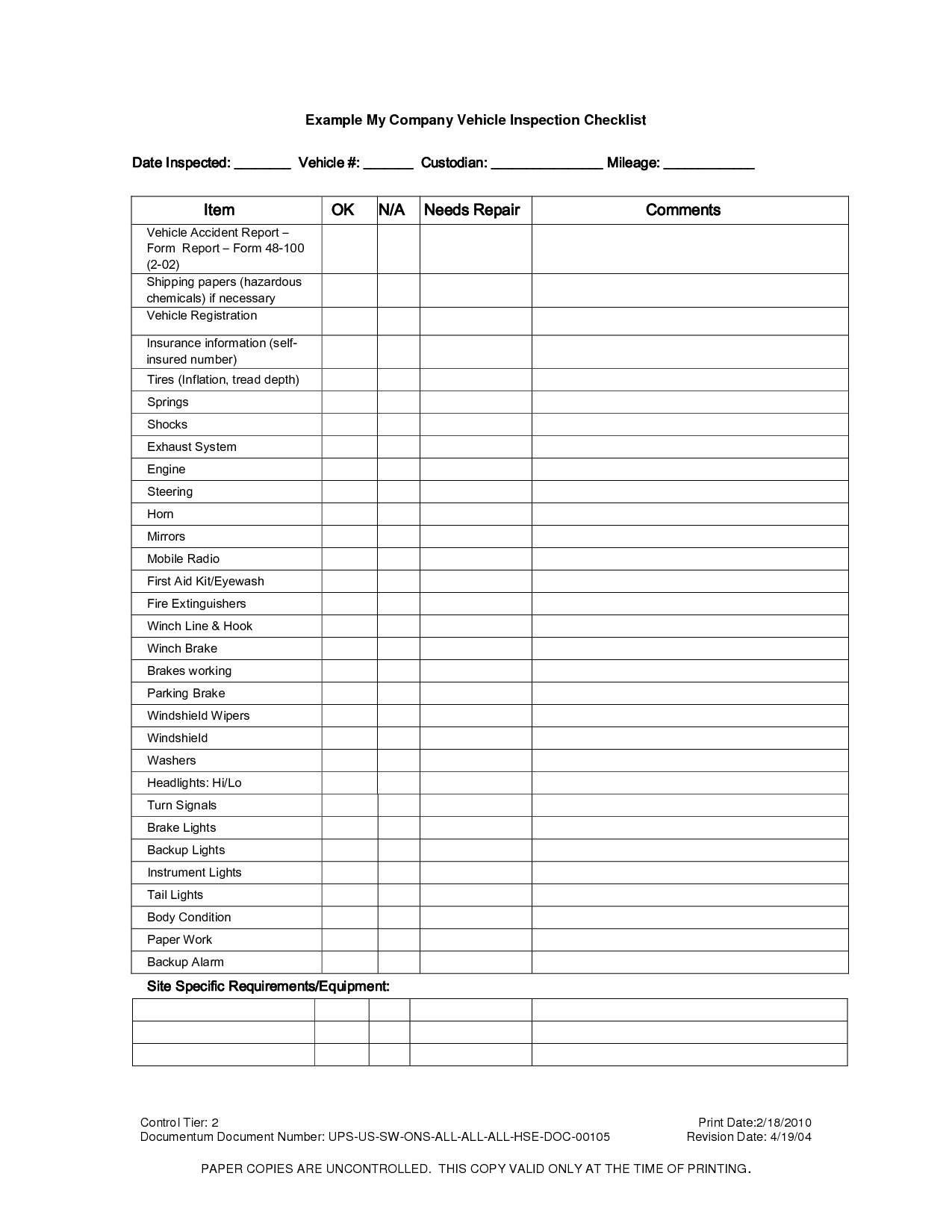 Vehicle Inspection Checklist Template  Vehicle Inspection  Vehicle throughout Vehicle Checklist Template Word