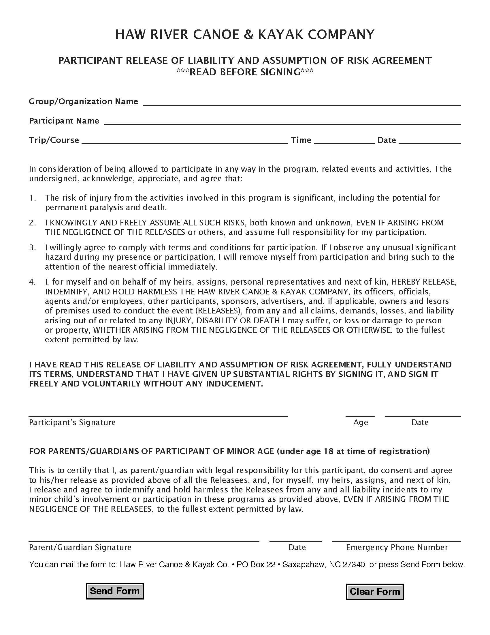 Waiver Form  Haw River Canoe  Kayak Co for Kayak Rental Agreement Template