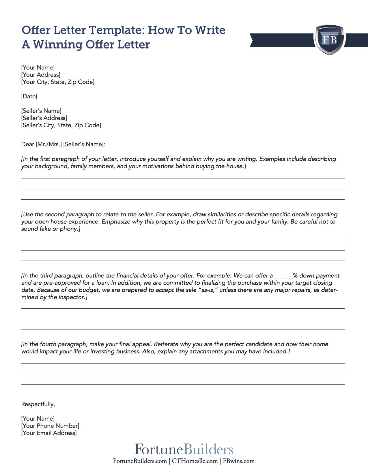 Free Real Estate Offer Letter Template  Fortunebuilders within Home Offer Letter Template