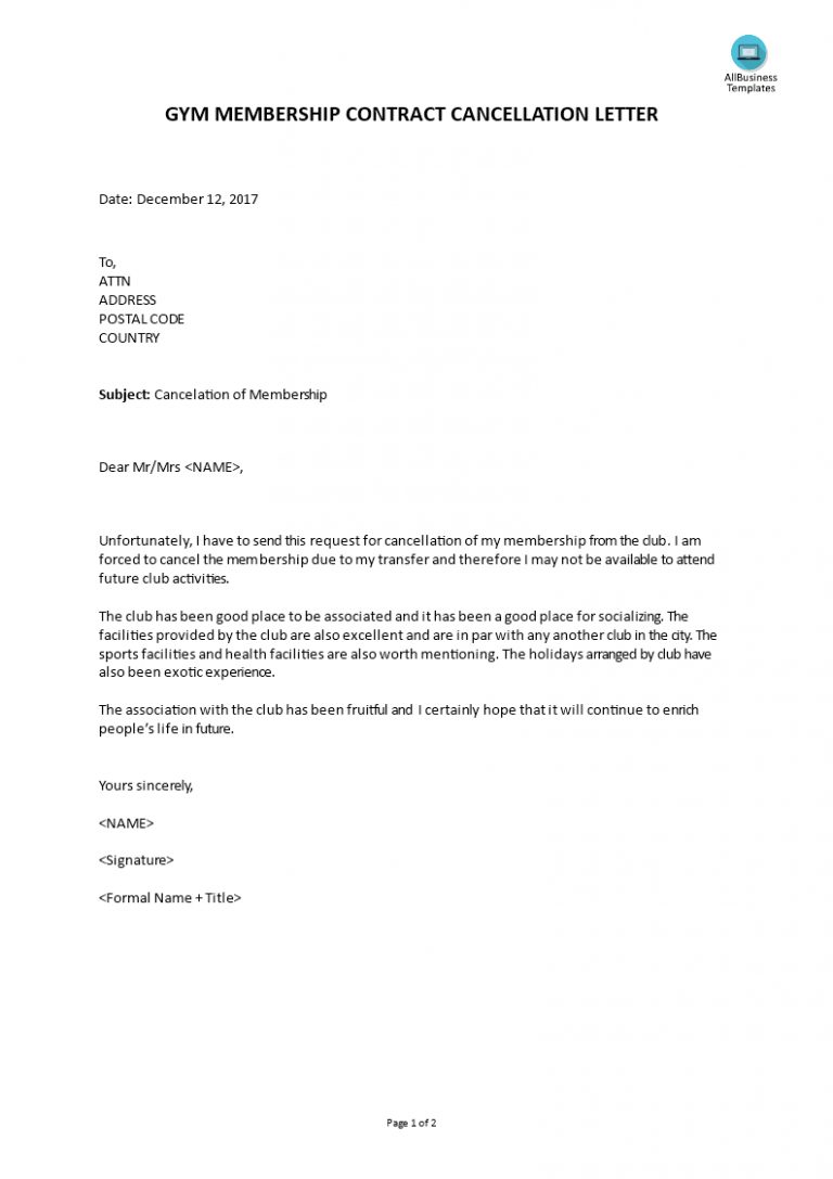 Gym Membership Contract Cancellation Letter Templates At for Gym