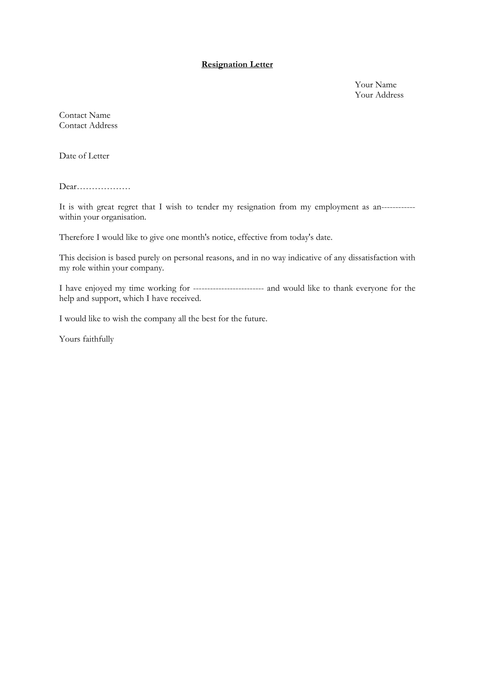 Standard Resignation Letter Examples  Pdf Word  Examples throughout Standard Resignation Letter Template