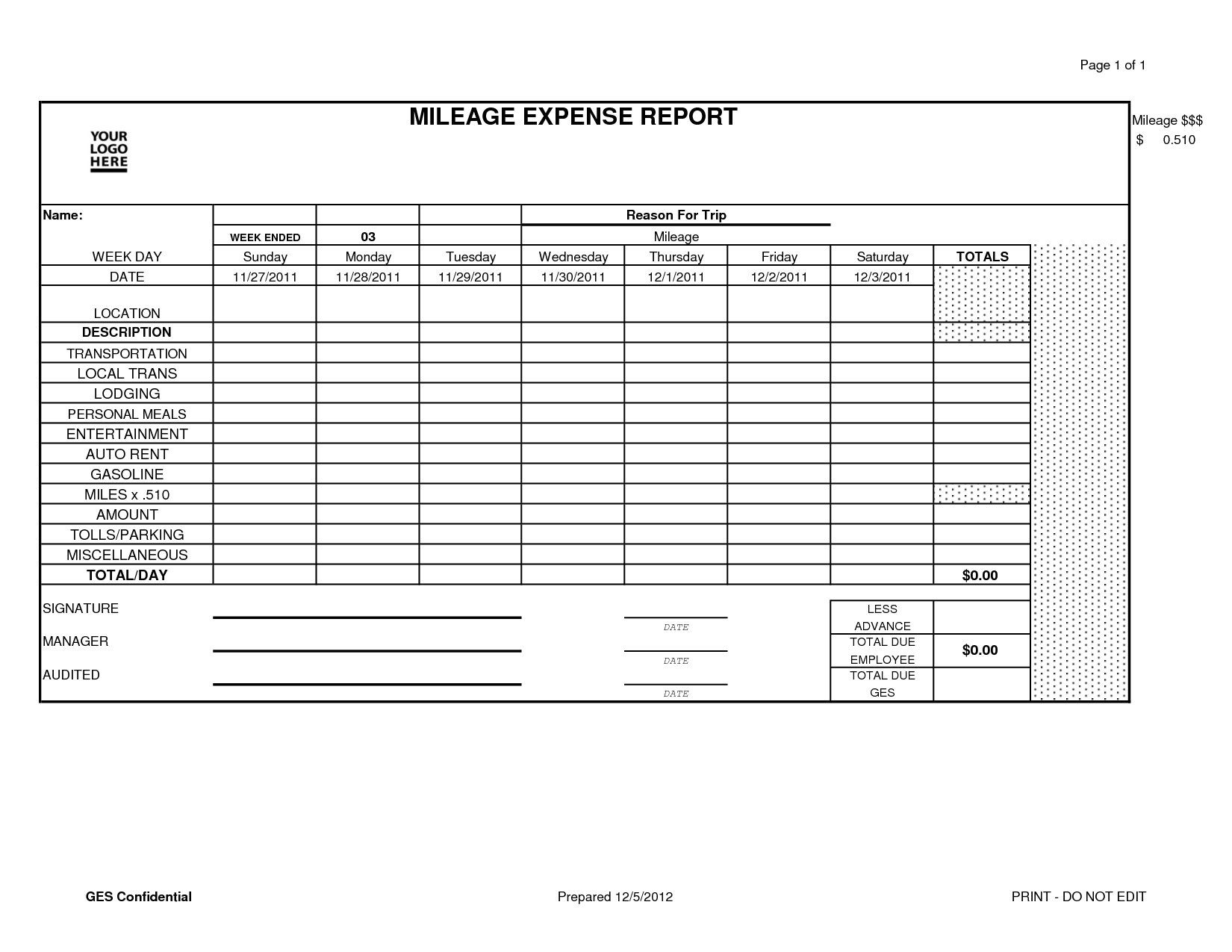 Annual Expense And Gas Mileage Summary And Report Form For Employee in Gas Mileage Expense Report Template