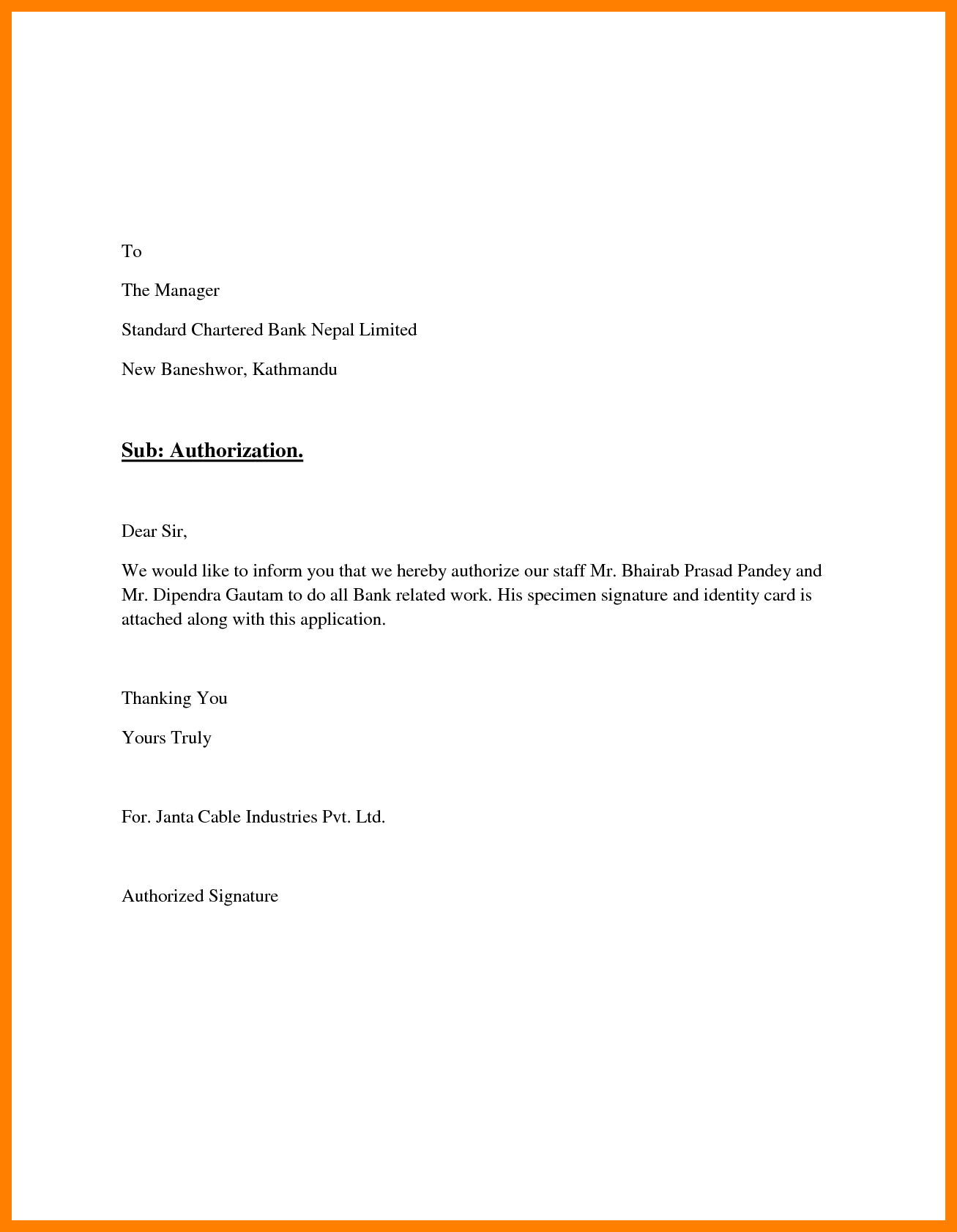 Authorization Letter for Certificate Of Authorization Template