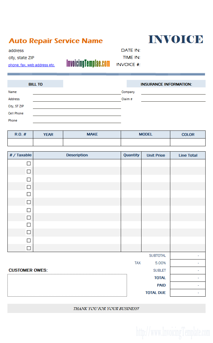 Auto Repair Invoice Template within Mechanic Shop Invoice Templates