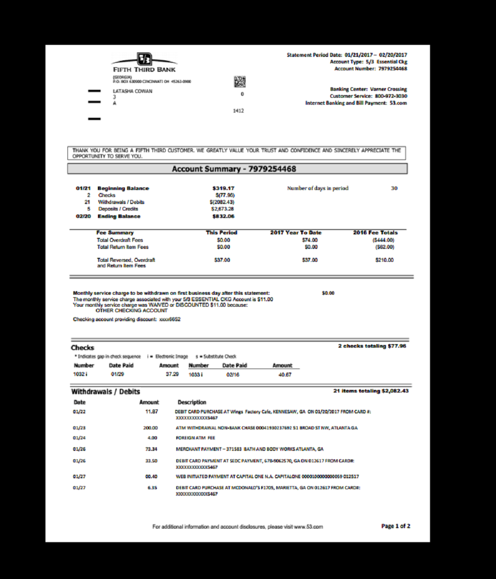 Bank Statement Fifth Third Template Proof Of Income Earnings pertaining to Blank Bank Statement Template Download